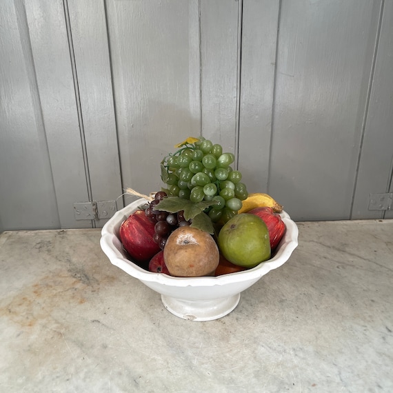 Antique French Gien White Ceramic Fruit Bowl With Wax and Plastic Fruit 