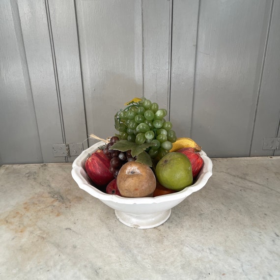 Antique French Gien White Ceramic Fruit Bowl With Wax and Plastic Fruit 