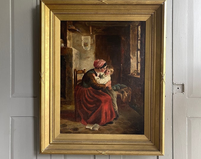 Large Antique Oil Painting Portrait of Mother and Child Entitled the