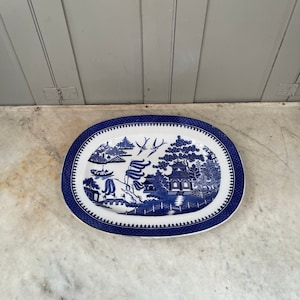 Antique English Victorian Willow Pattern blue white iron stone china meat plate or platter + maker&#39;s stamp