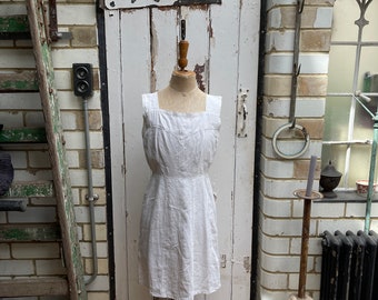 Vintage French handmade white linen shift dress size S UK 8/10