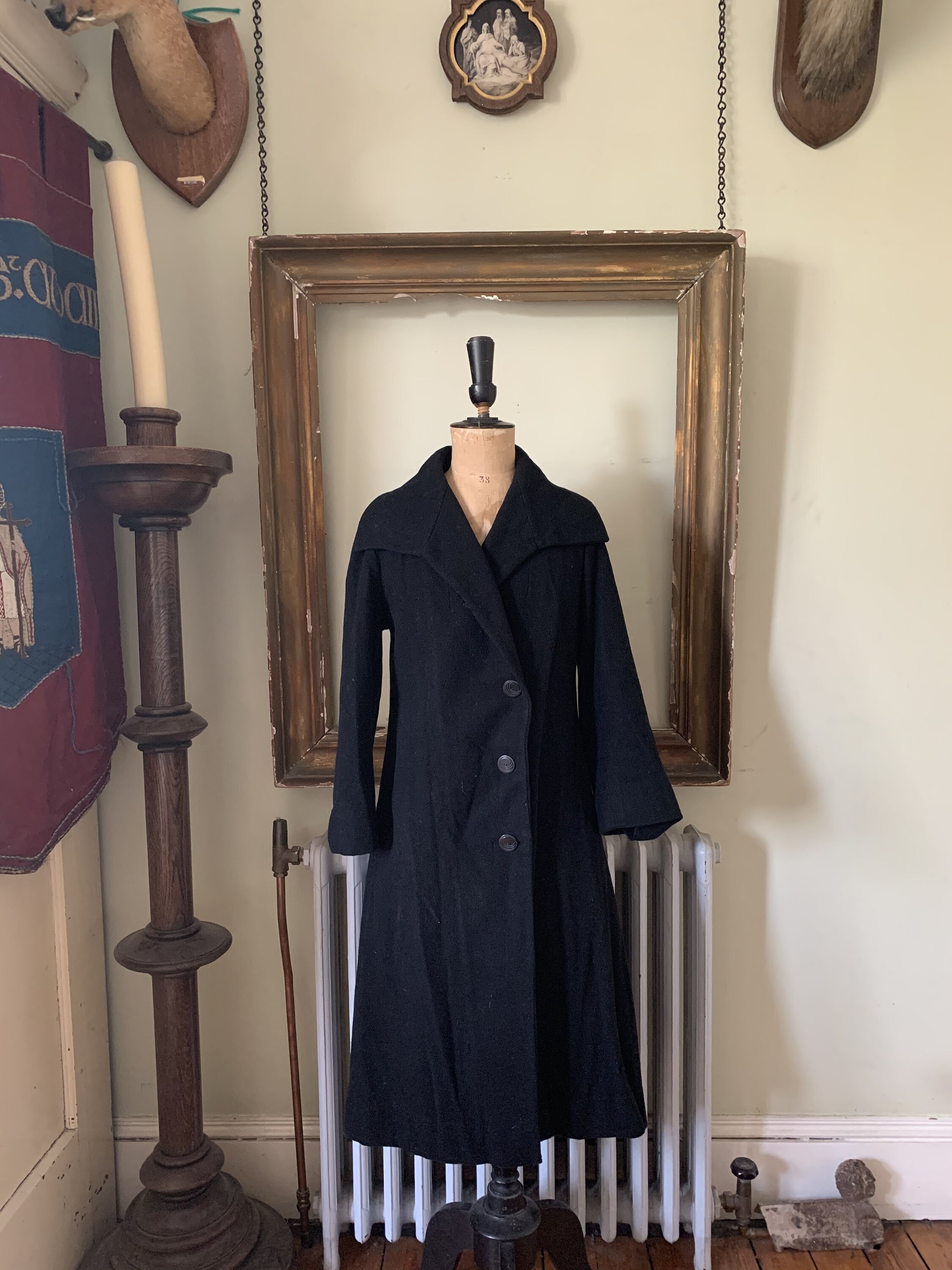 Image of Antique French Long Black Wool Coat Manteau Size S Uk