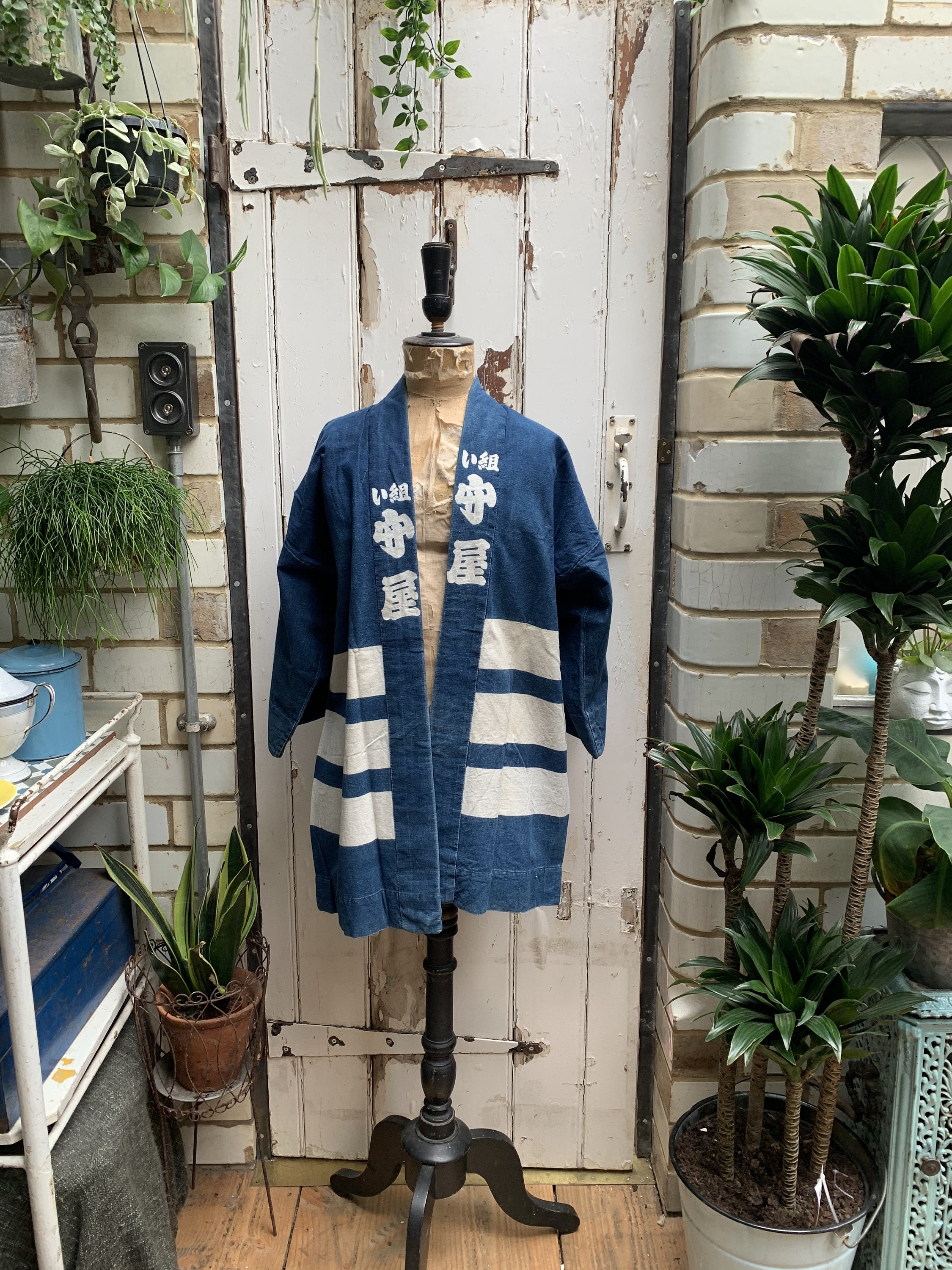 Image of Antique Vintage Japanese Indigo Blue & White Striped Cotton Kimono Size M/L