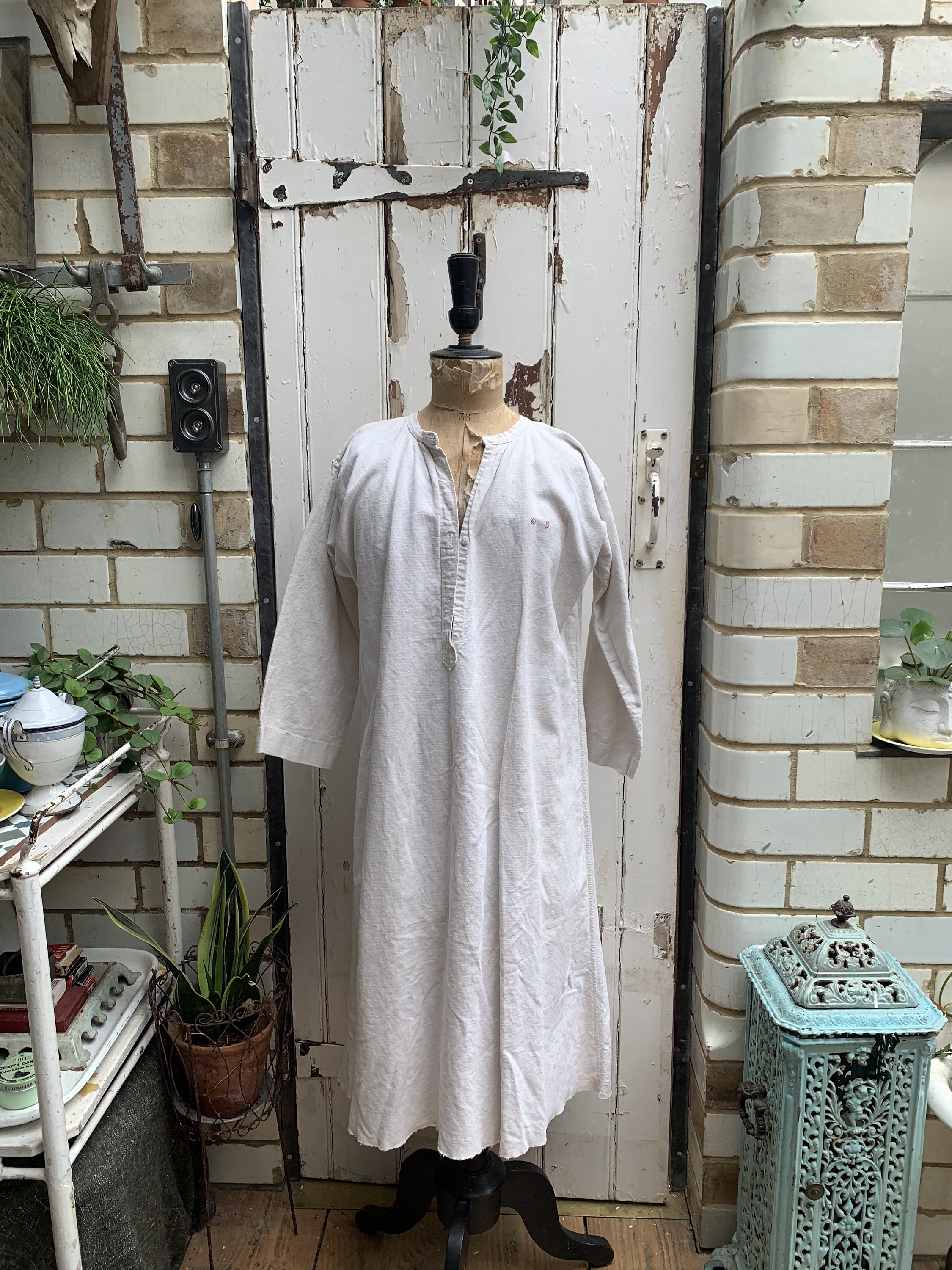 Image of Antique French White Linen Shift Dress Nightdress Initials Os Size M Uk
