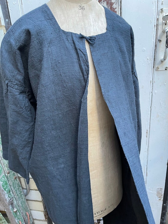 Antique French dark grey linen long jacket housec… - image 9