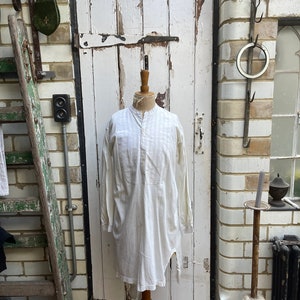 Vintage French Maco cream warm jersey cotton shirt chemise with striped cotton bib initials FM size S