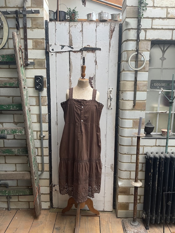 Antique French cotton coffee brown dress nightdres