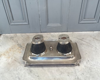 Antique silver plated desk tidy with horse hoof inkwells.