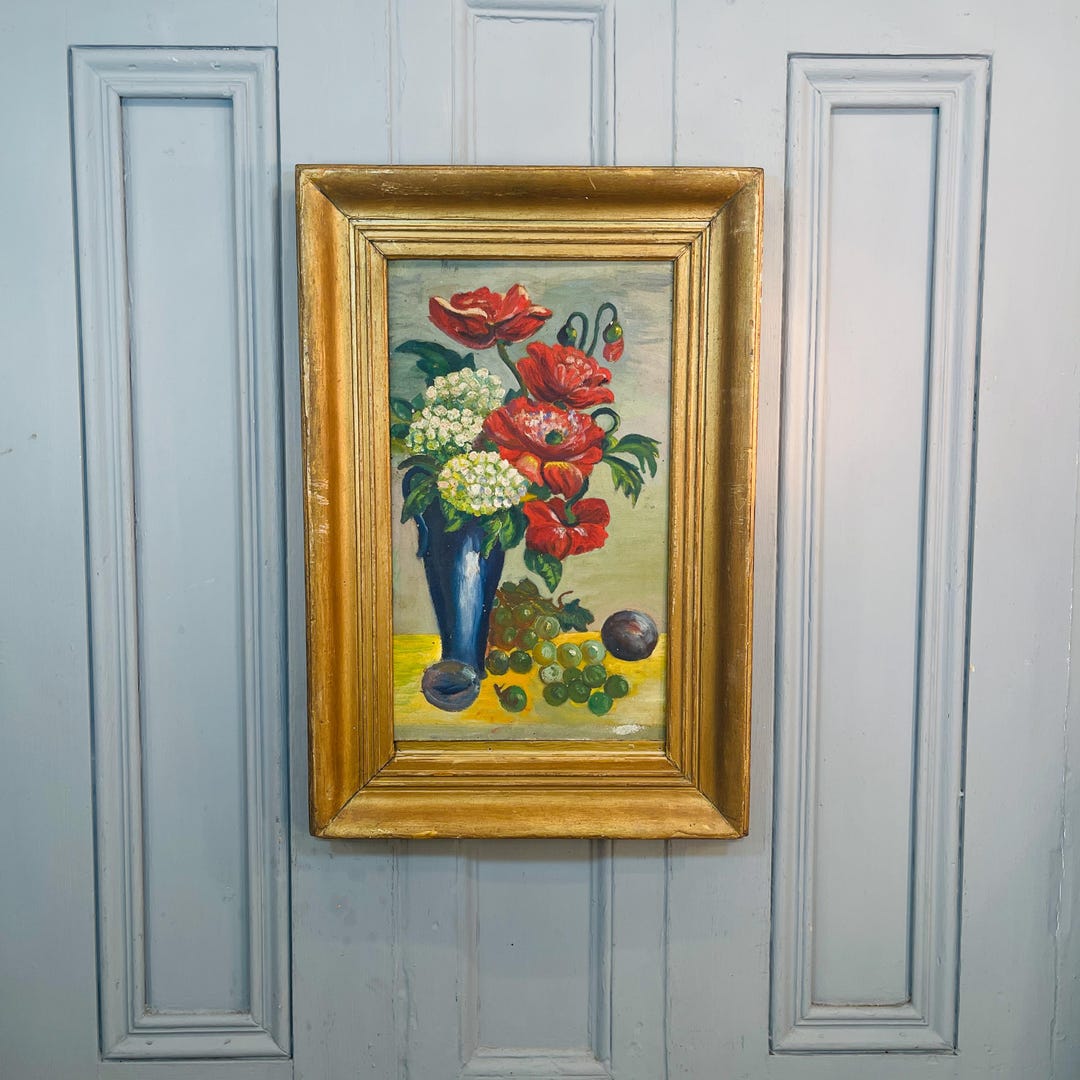 Antique French Still Life Oil Painting Study of Vase of Flowers Poppies ...