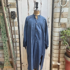 Antique French blue cotton linen metis shirt with patches size M/L