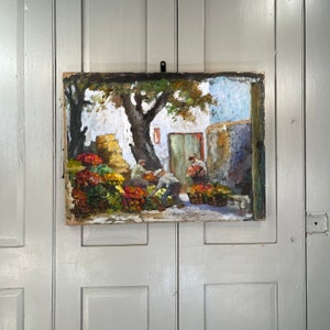 Vintage Impressionist oil painting study of Mediterranean flower sellers