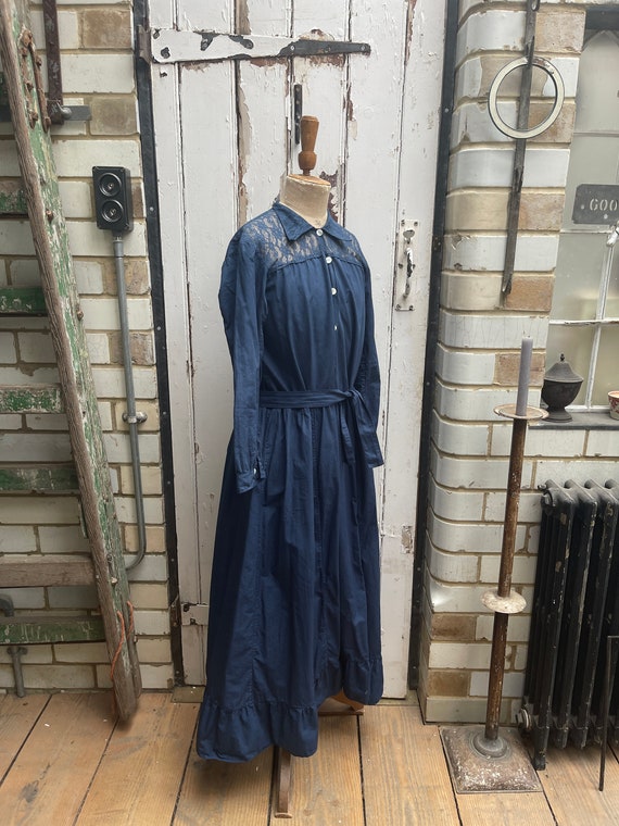 indigo lace dress Antique Long Indigo Blue Cotton Dress With Lace Collar and Top Size S/M