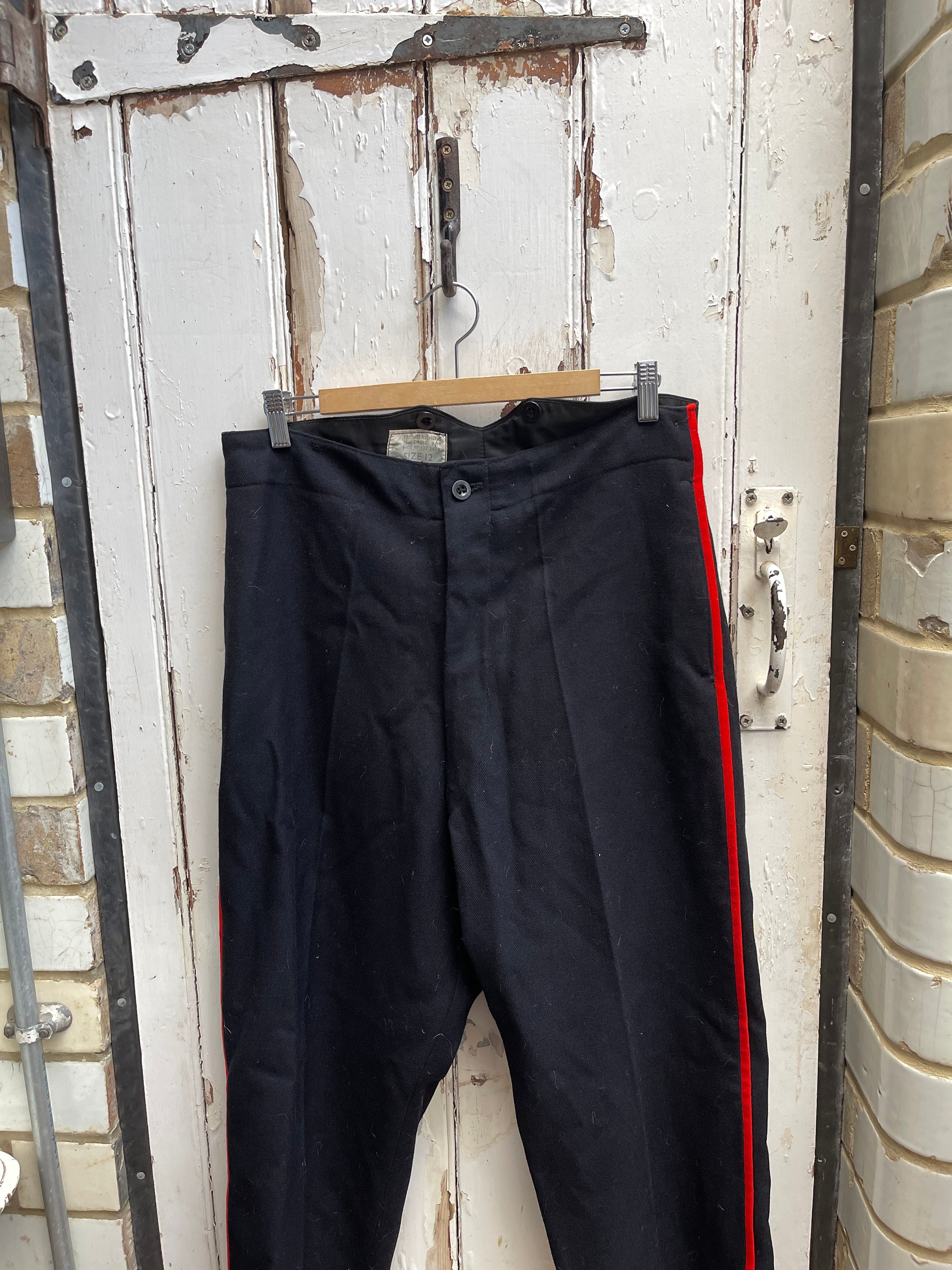 Vintage Dark Blue Wool Military Uniform Trousers With Red