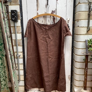 Antique French milk chocolate brown linen dress nightdress initials CL size L