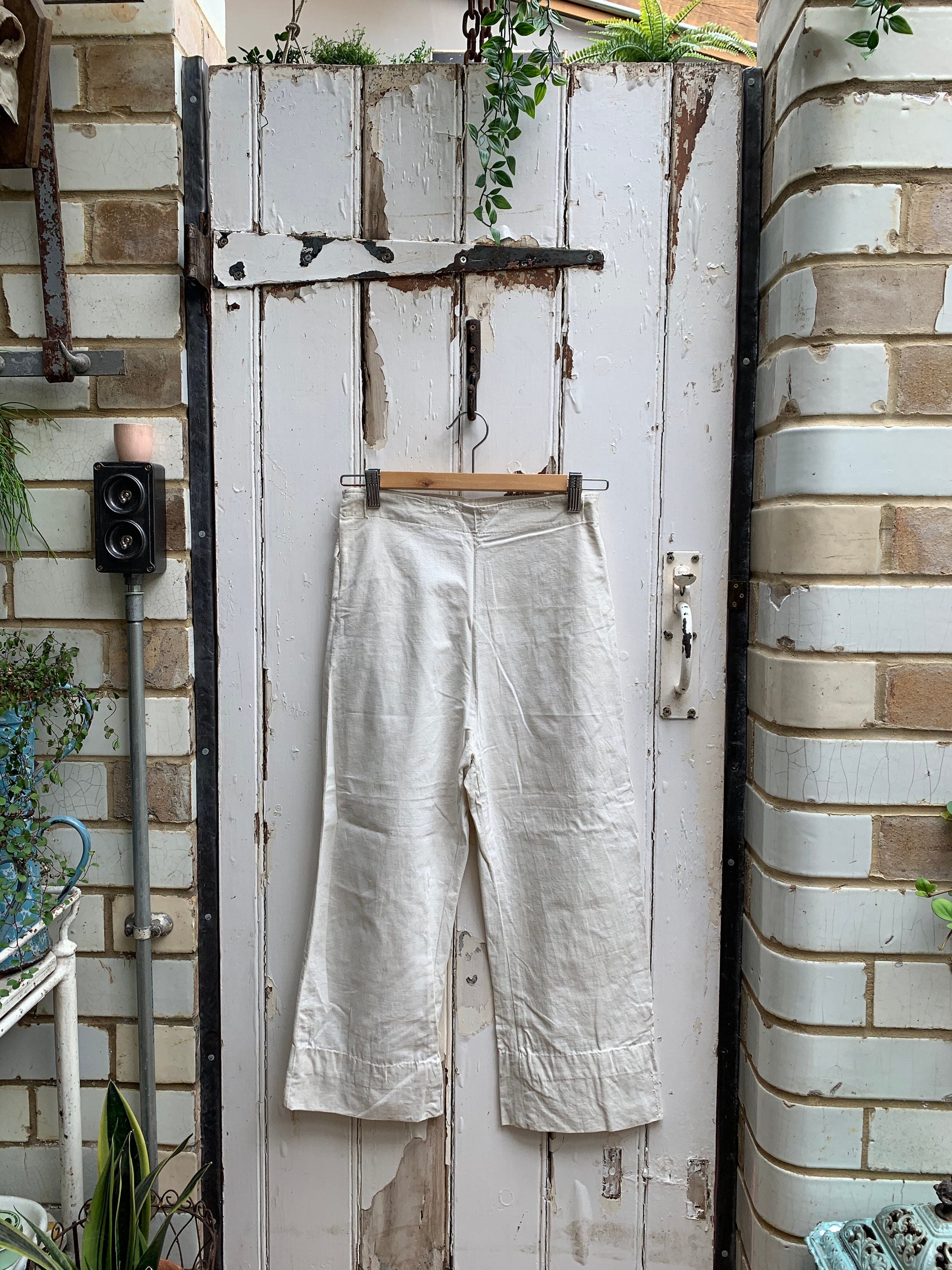 Image of Antique French Handmade White Linen Cropped Trousers Size Xs Uk 8