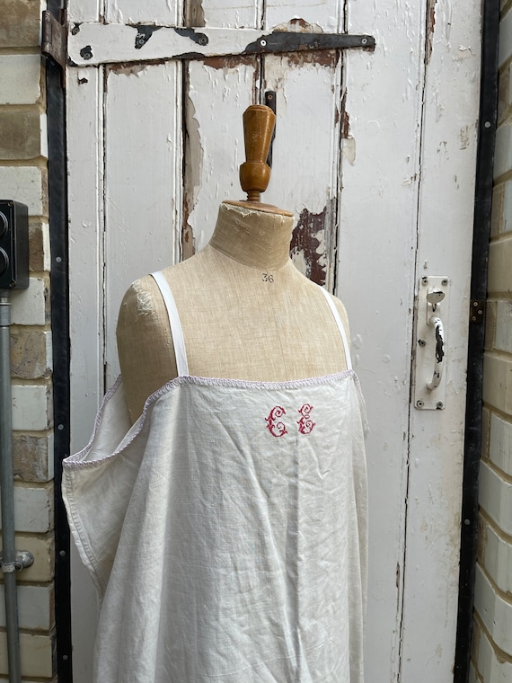 Antique French white linen slip dress initials CE… - image 9