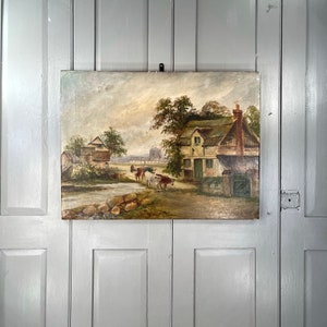 Antique landscape oil painting of farmyard with cows signed A Lee 1901