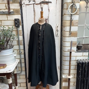 Antique Dutch handmade long black wool cape cloak with velvet trim and purple check wool lining one size