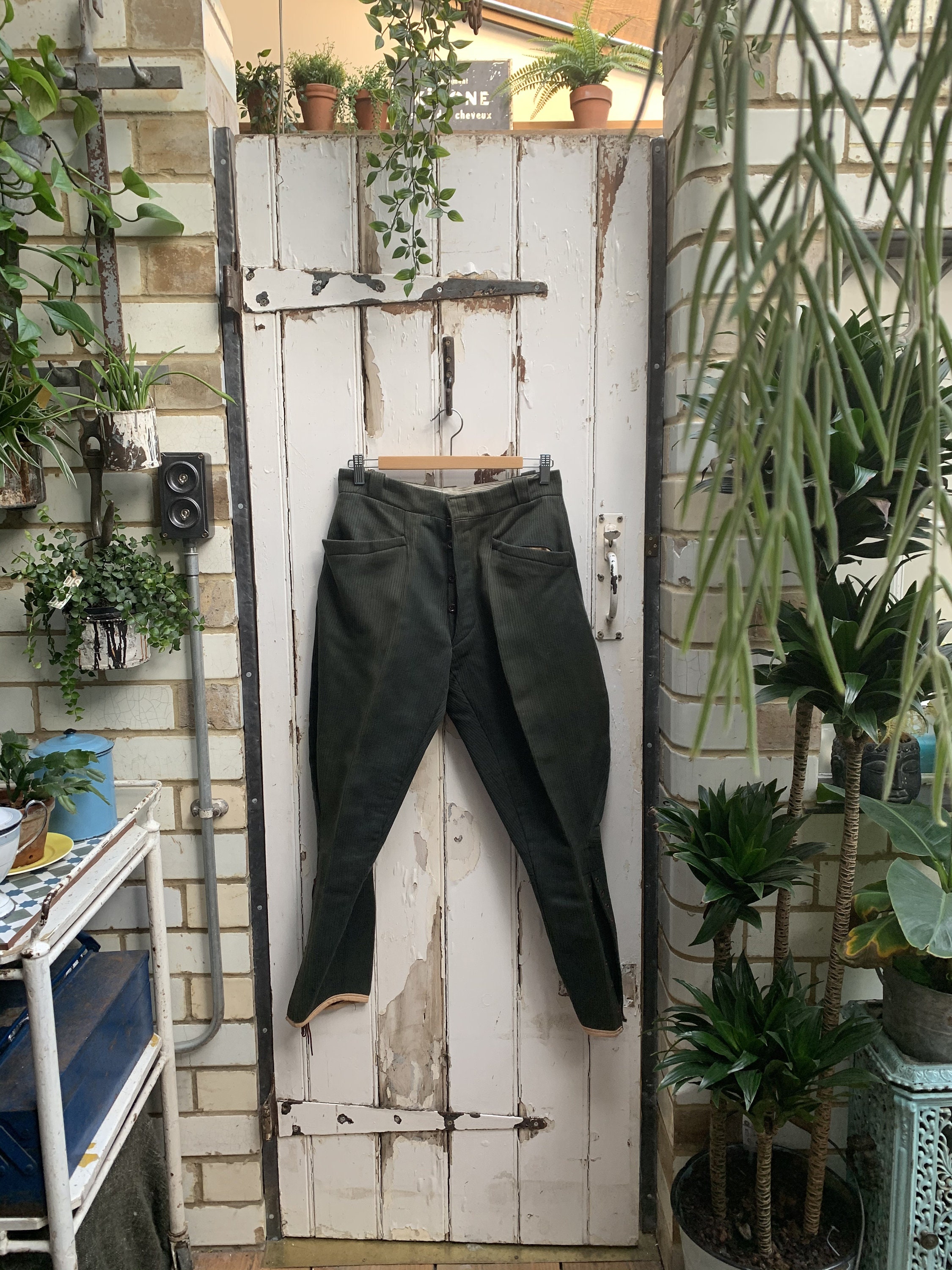 Image of Antique French Mens Olive Green Jodhpurs Riding Breeches Size S/M