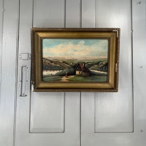 Antique river landscape oil painting Alpine scene signed Rouyer