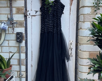 Antique vintage long black Flamenco style cocktail party dress size S UK 10