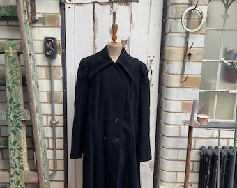 Antique French long black wool coat with velvet decoration by Twacon size M UK 12