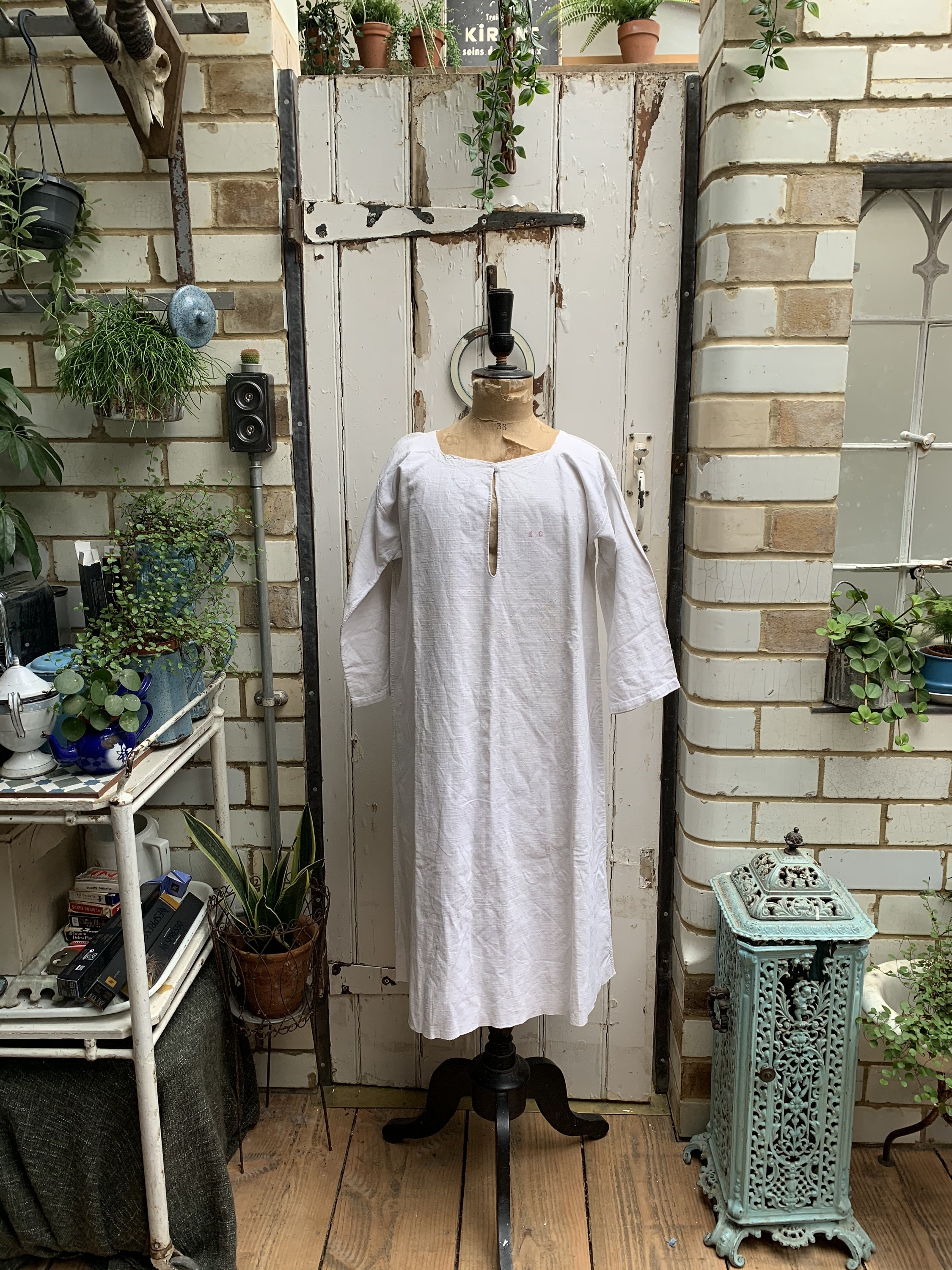 Image of Antique French White Linen Shift Dress Nightdress Smock Initials Ed Size M/L