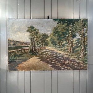 Large antique French Impressionist landscape oil painting of an avenue of trees by lake signed Lammage