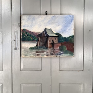 Vintage French Impressionist oil painting study of house by lake