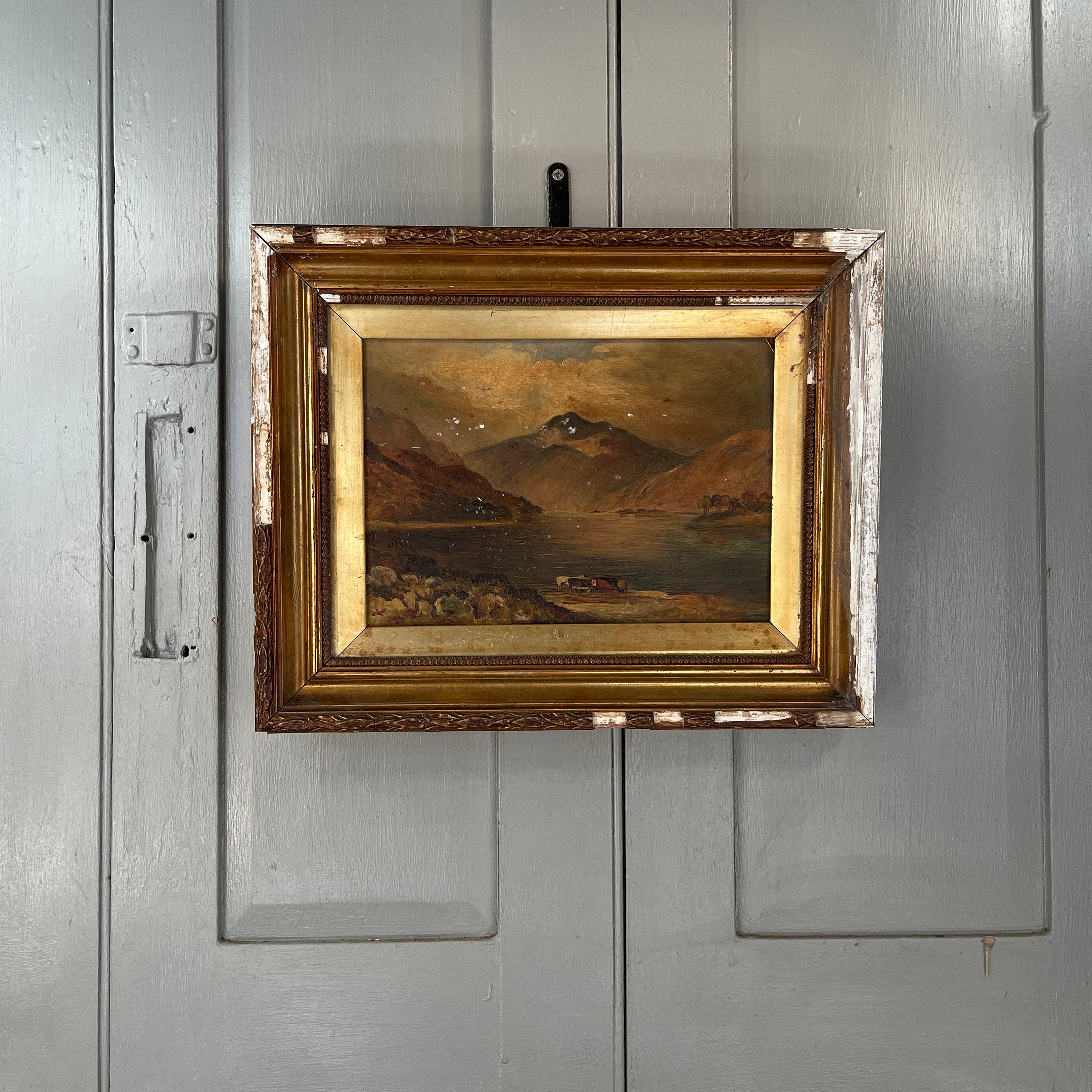 Antique Victorian landscape oil painting of Scottish loch with cows by John Ritchie
