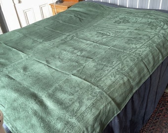 Antique green linen floral damask tablecloth initials BM