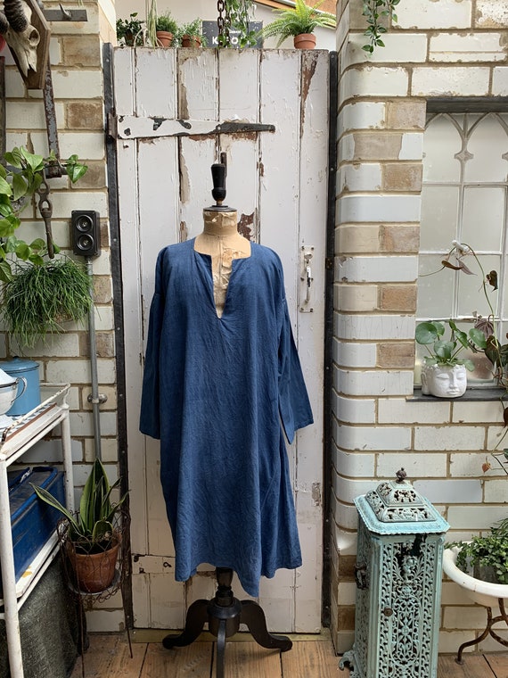 Antique French marine blue linen dress smock robe