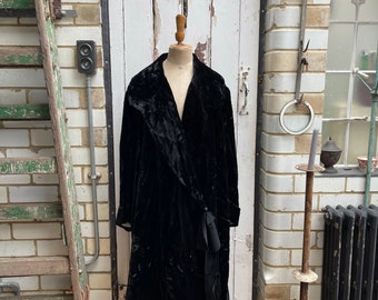 Antique handmade long black velvet wrap style coat size L