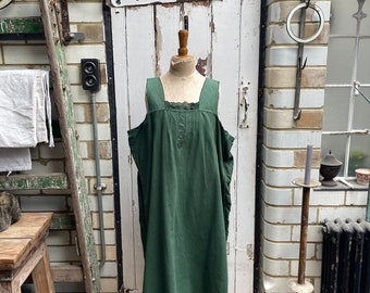 Antique French green brushed cotton shift dress nightdress size M/L