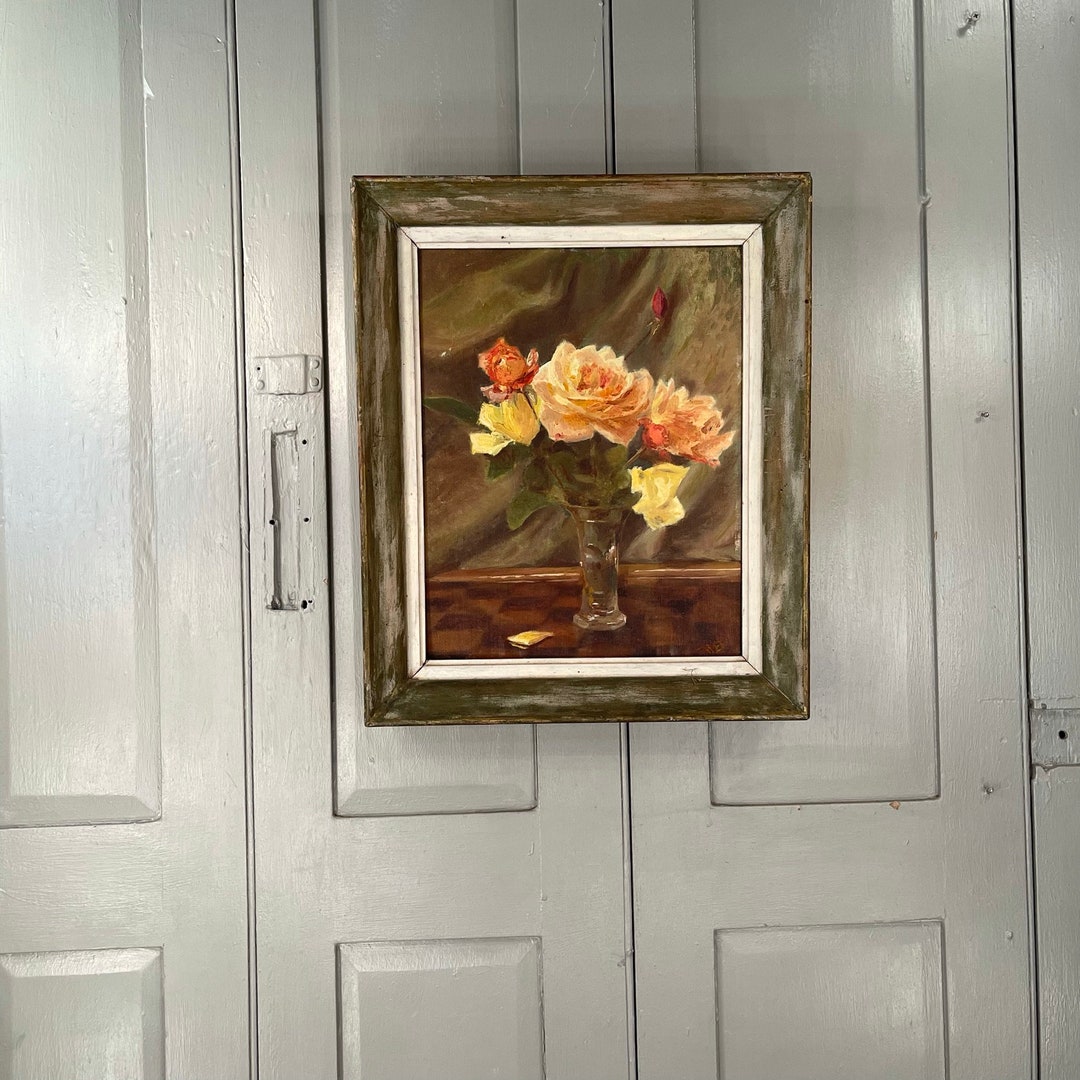 Antique Vintage French Still Life Oil Painting Study of Roses Signed ...