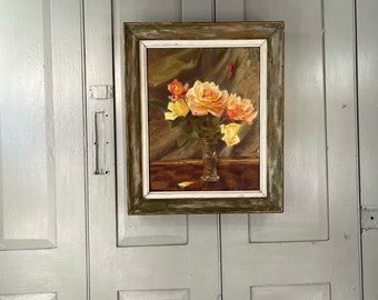 Antique vintage French still life oil painting study of roses signed FJET