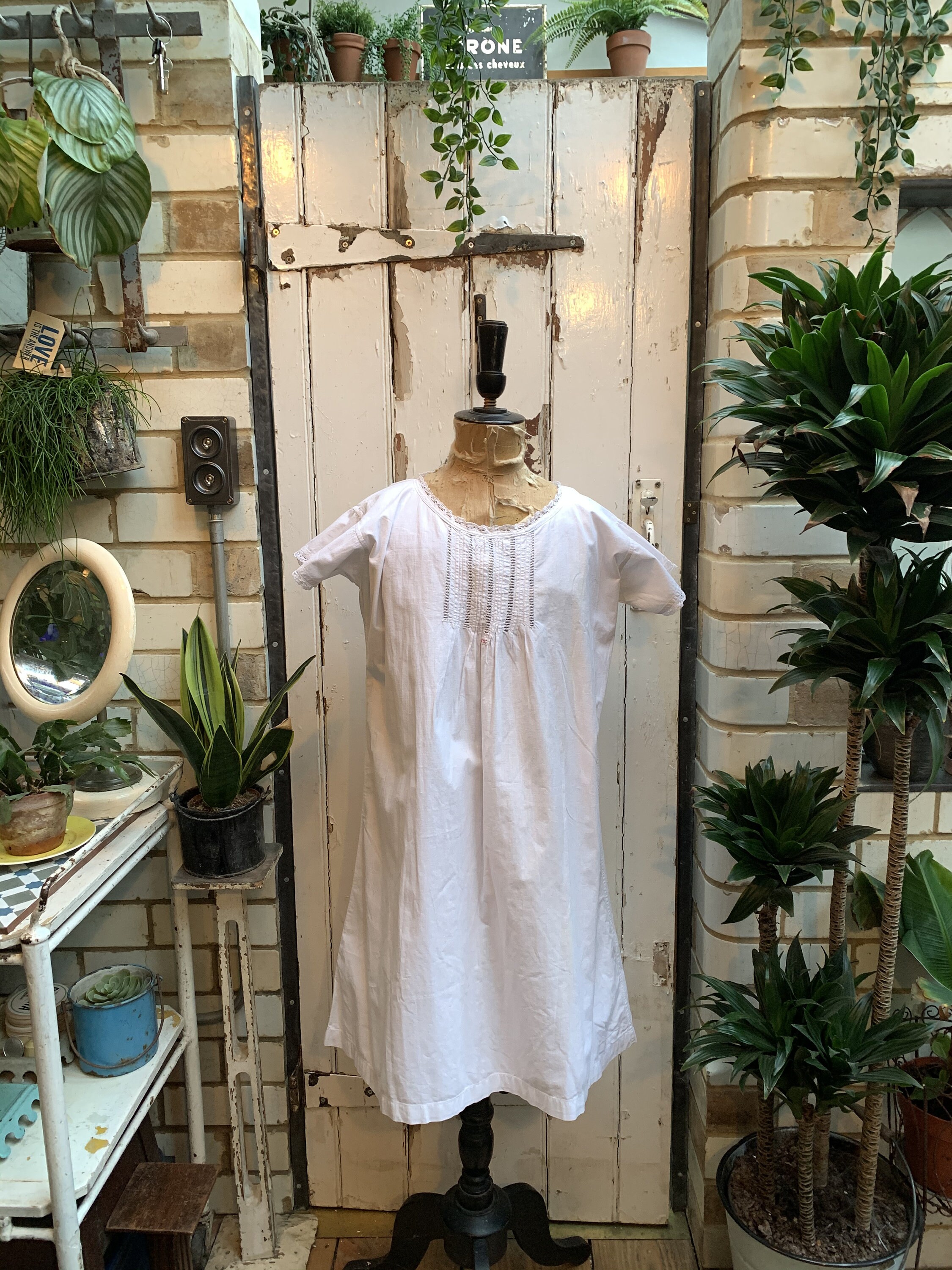 Image of Antique French White Cotton Shift Dress Nightdress With Lace Detail Initials Gg Size M Uk