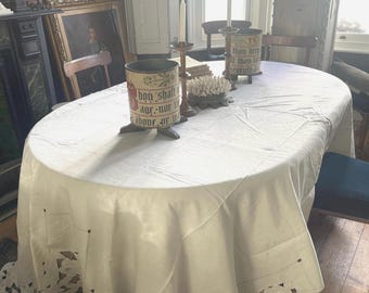 Antique French white cotton linen metis double sheet or tablecloth monogram initials JD
