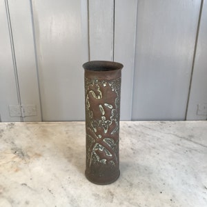 Antique French WW1 brass Trench Art vase leaves decoration