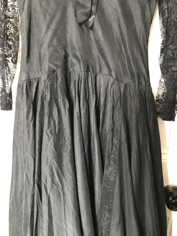 Antique long black satin lacy dress size S UK 10 - image 5