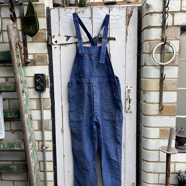 Antique vintage French Mont St Michel blue cotton moleskin workwear dungarees overalls size M