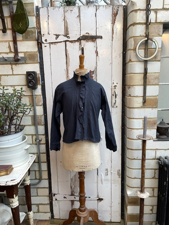 Antique French black brushed cotton blouse size M… - image 1