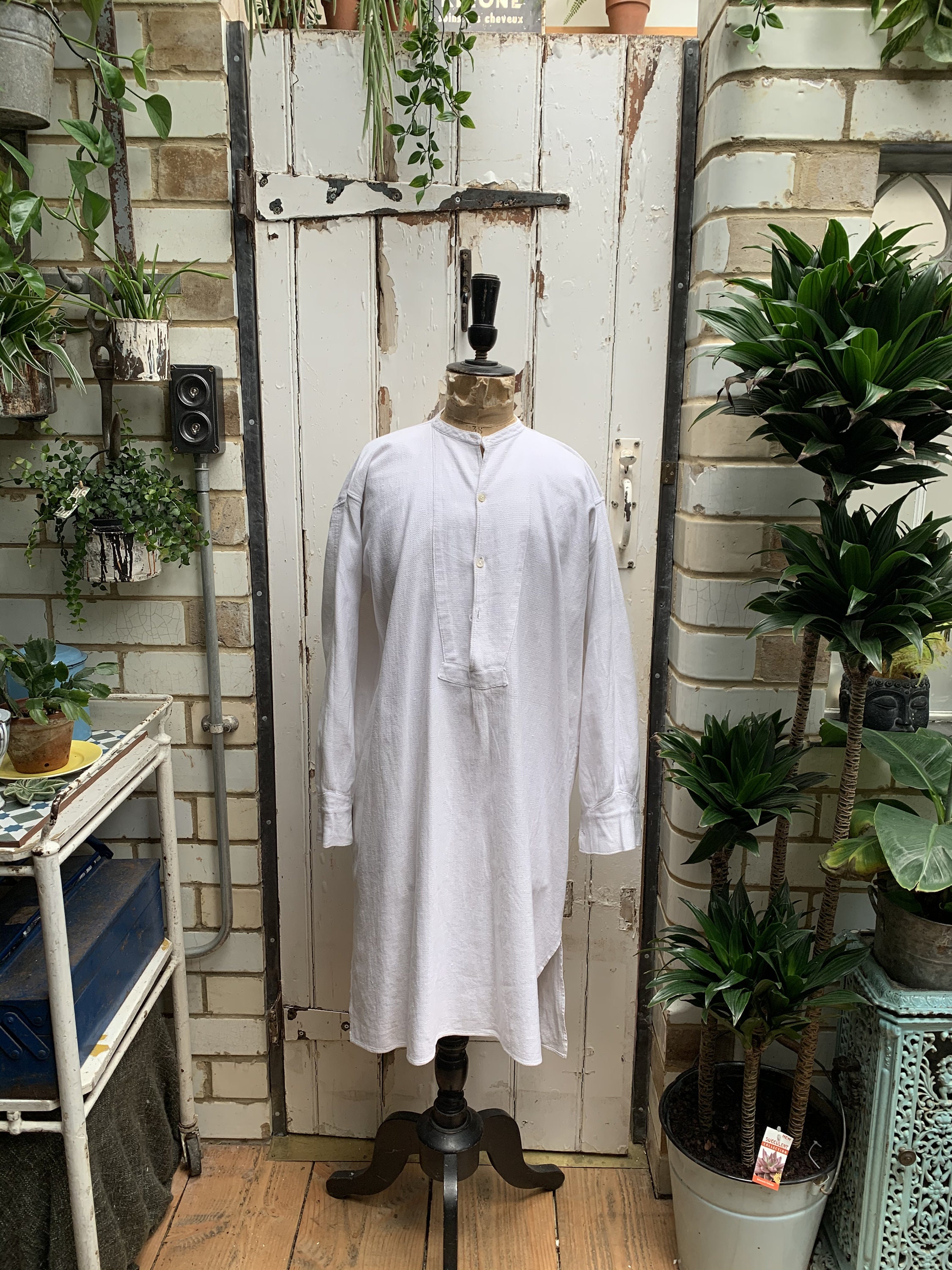 Image of Antique French White Cotton Airtex Grandad Collar Dress Shirt Size M/L