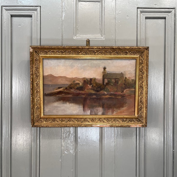 SOLD to Annie - Antique Scottish landscape oil painting of church or chapel by a lake (1 of 2)