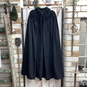 Antique French handmade long black wool cape cloak with astrakhan collar