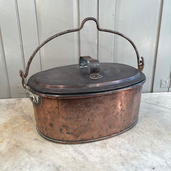 Antique Victorian Copper Large Oval Lidded Casserole Cooking Pot With Swing  Handle 