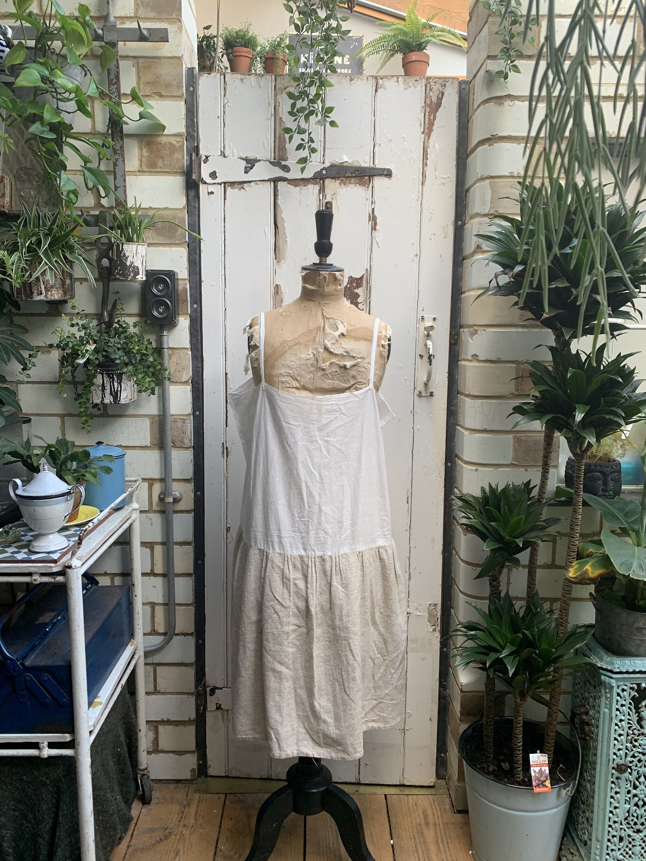 Image of Antique French White Cotton Slip Shift Dress Underskirt With Warm Wool Skirt Size M/L