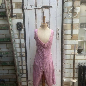 Antique French lingerie pink cotton playsuit all in one cami top and knickers shorts with lace trim and embroidery size S/M