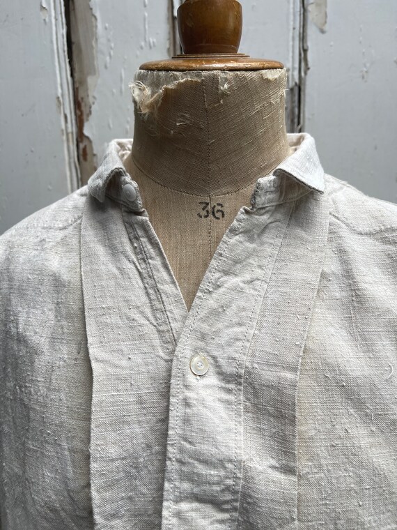 Antique French beige linen flax unbleached shirt … - image 3