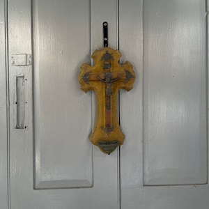 Antique French Gothic crucifix on velvet plaque